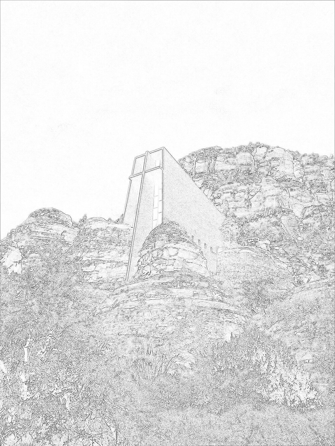 silhouette, black and white picture of the chapel of the holy cross in Arizona used on a t-shirt for inspired x life or inspired by life