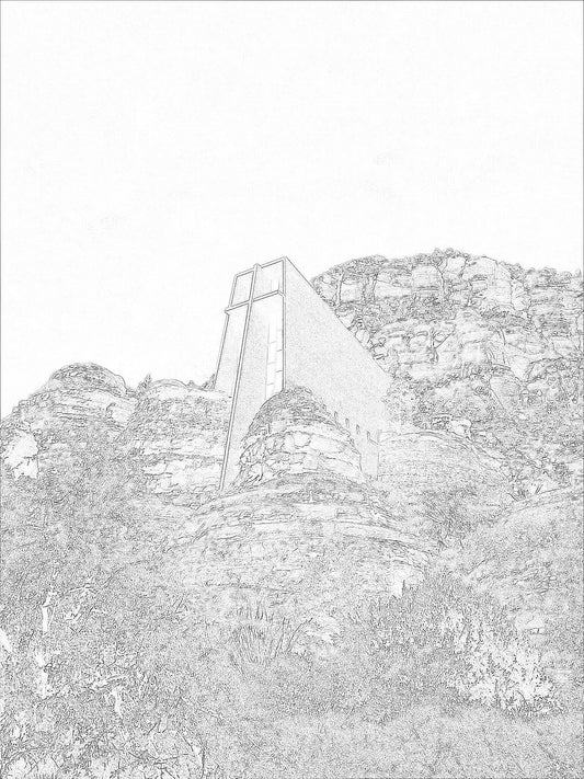 silhouette, black and white picture of the chapel of the holy cross in Arizona used on a t-shirt for inspired x life or inspired by life